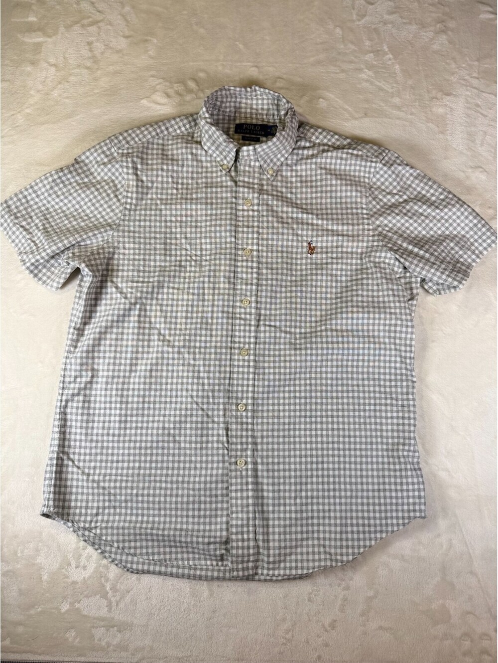 Polo Ralph Lauren Mens M Gray White Gingham Check Short Sleeve Button Down Shirt